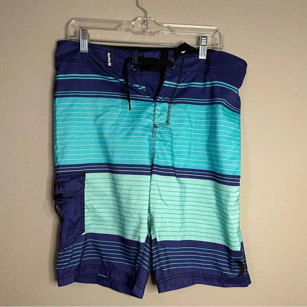 Hurley Men’s 32 Blue Striped Board Shorts Swim Trunks Surf Beach